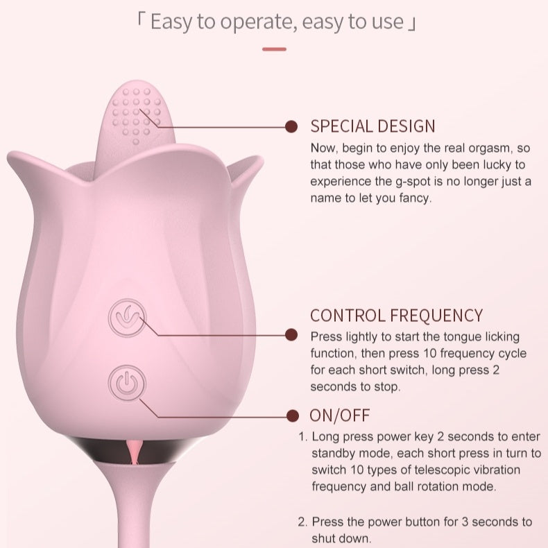Sexeeg 3-in-1 Blooming Sexy Pink Rose Toy Rotating Pearls Telescopic Tongue-licking Vibrator
