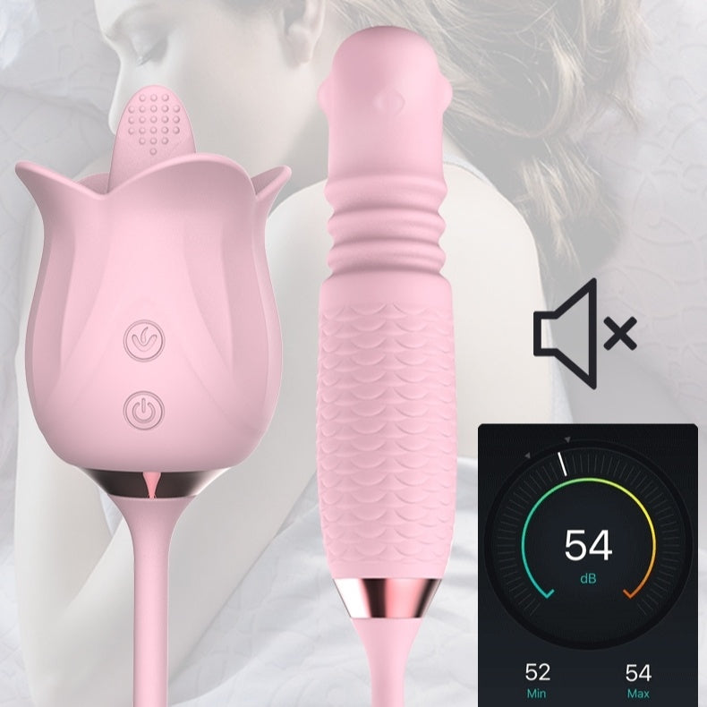 Sexeeg 3-in-1 Blooming Sexy Pink Rose Toy Rotating Pearls Telescopic Tongue-licking Vibrator