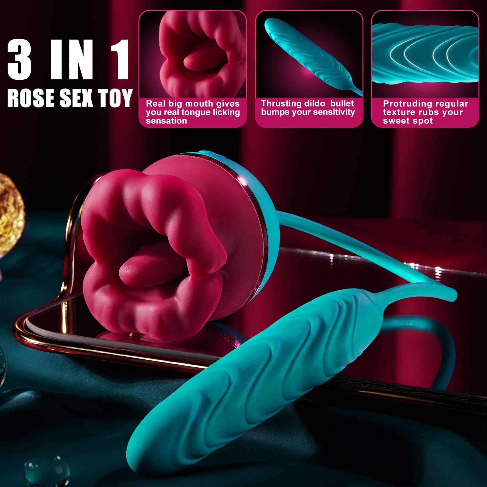 Sexeeg Big Mouth 3in1 Rose shaped Vibrator With 9 Tongue Licking & 6 Thrusting G Spot Dildo