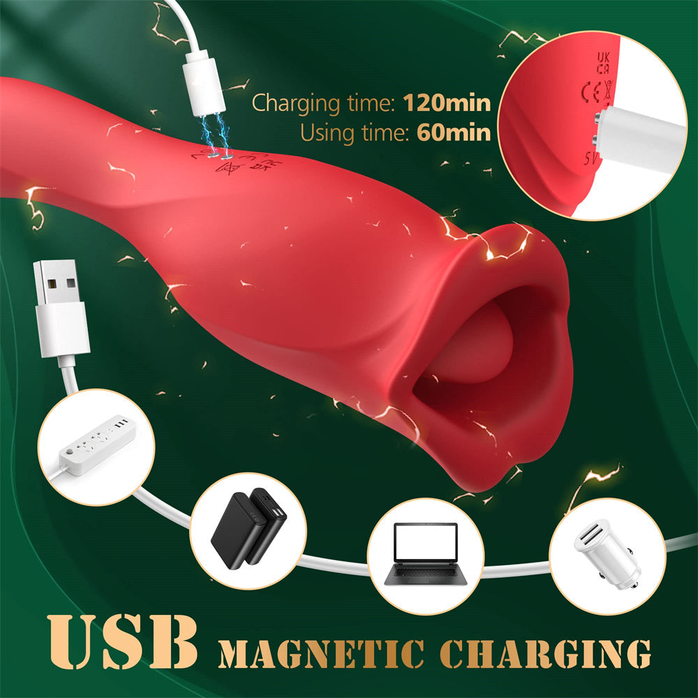Sexeeg Rose Muncher Vibrator With Stick 10 Vibration Modes And 10 French Kissing Modes