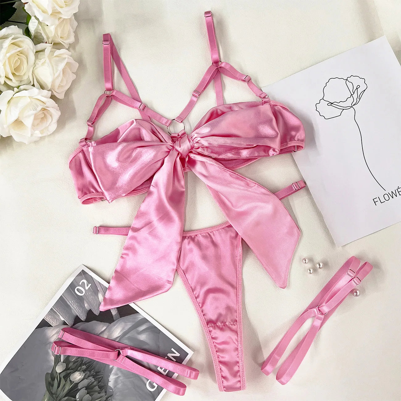Bowknot Lingerie Open Bra Lace Sexy Underwear Erotic Outfit Uncensored Bilizna Set