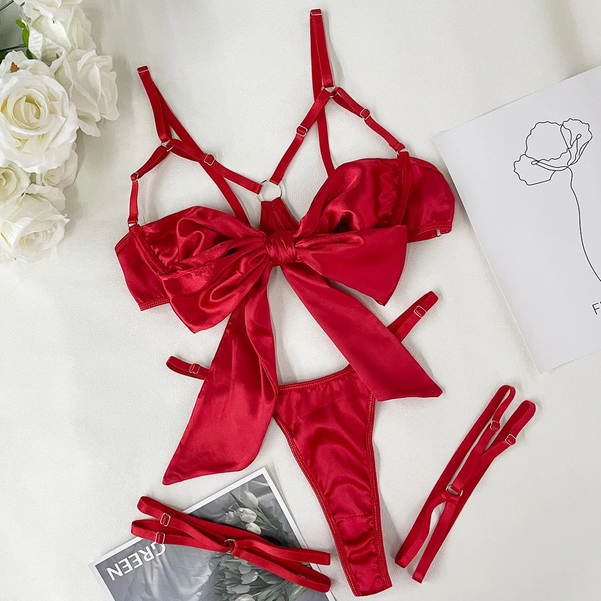 Bowknot Lingerie Open Bra Lace Sexy Underwear Erotic Outfit Uncensored Bilizna Set