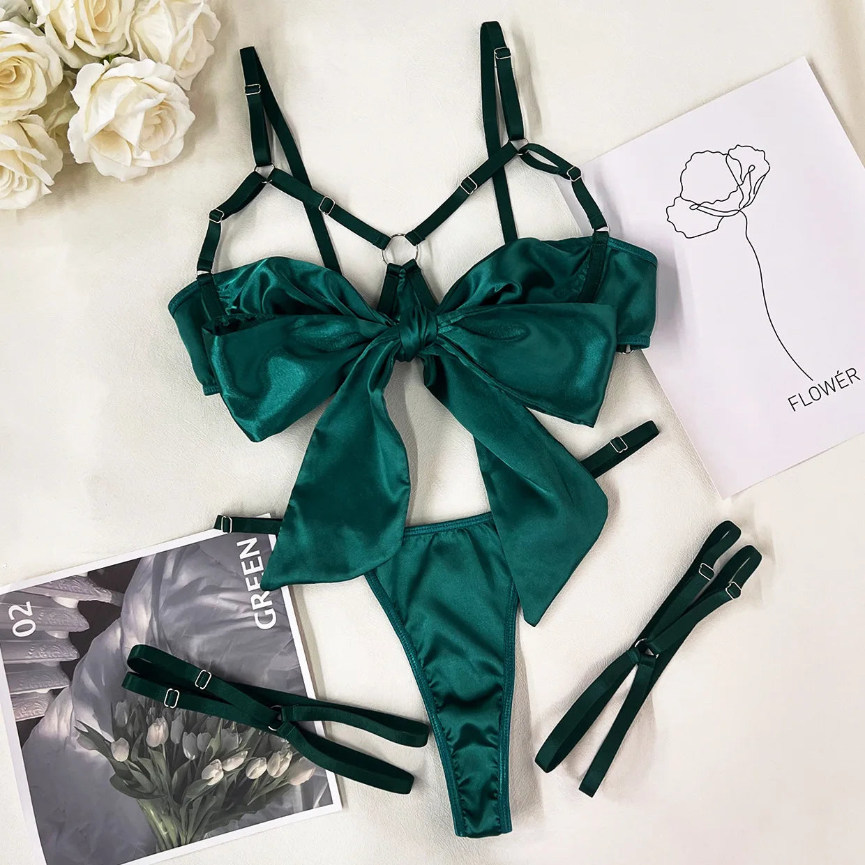 Bowknot Lingerie Open Bra Lace Sexy Underwear Erotic Outfit Uncensored Bilizna Set