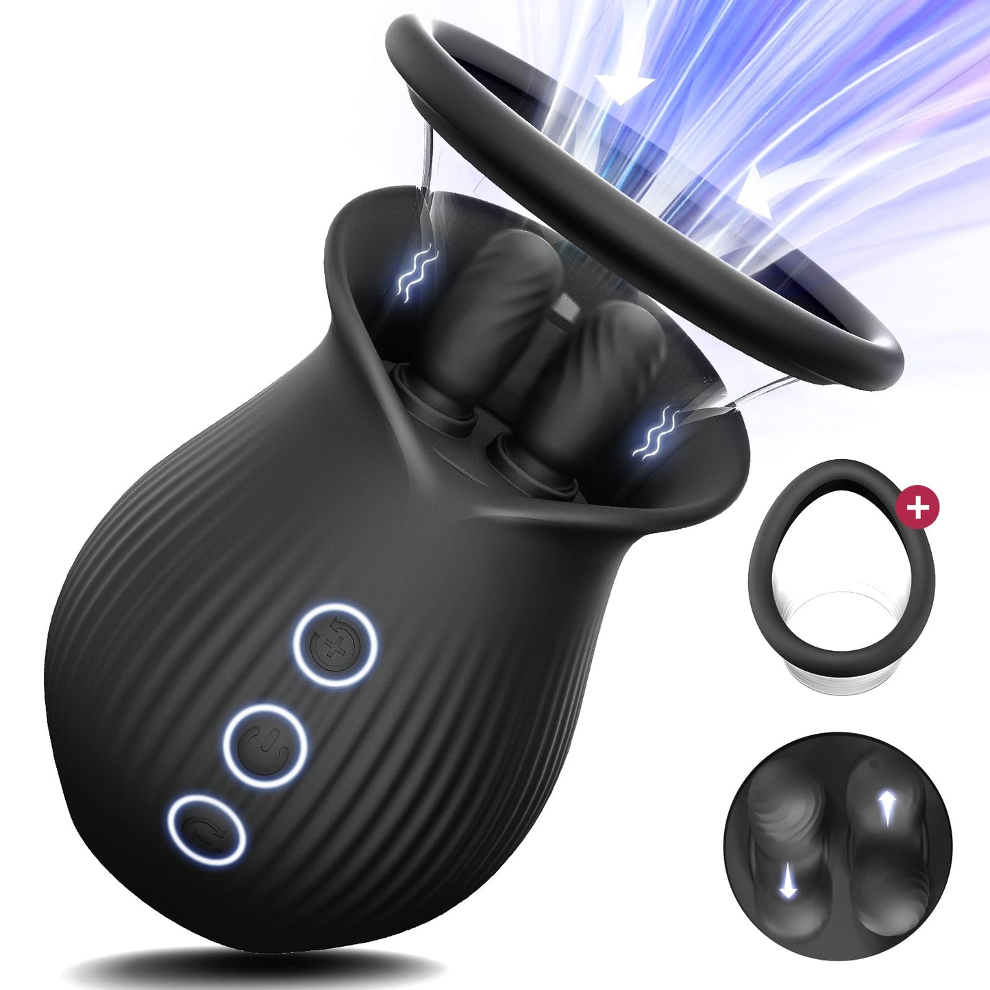 Sexeeg Rose Romeo - 3in1 Rose Sex Toy with 2 Suction Cups, Adult Toys Female Clitoral Nipple Vibrators with 10 Licking Sucking Vibrating
