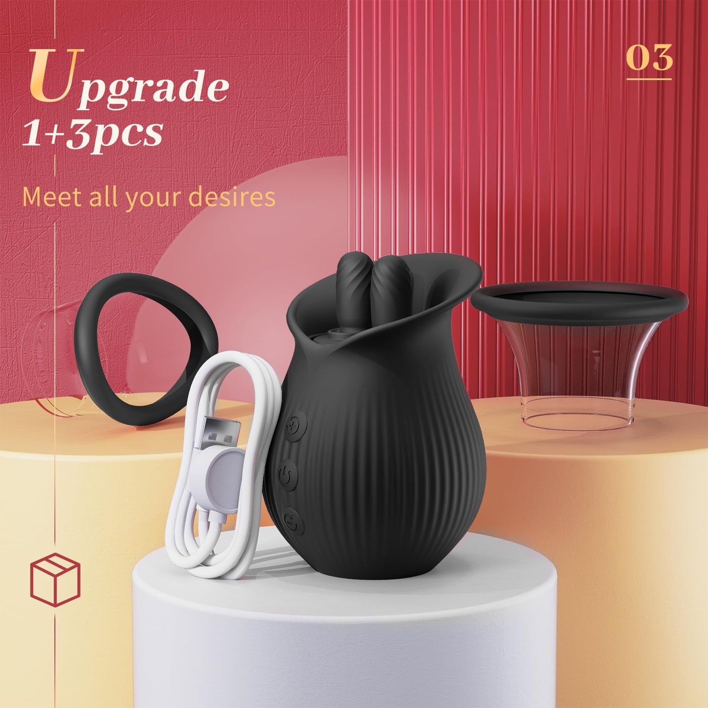 Sexeeg Rose Romeo - 3in1 Rose Sex Toy with 2 Suction Cups, Adult Toys Female Clitoral Nipple Vibrators with 10 Licking Sucking Vibrating