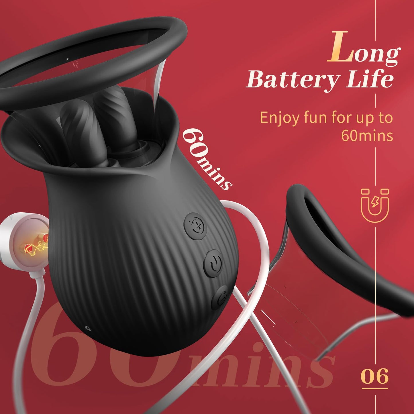 Sexeeg Rose Romeo - 3in1 Rose Sex Toy with 2 Suction Cups, Adult Toys Female Clitoral Nipple Vibrators with 10 Licking Sucking Vibrating