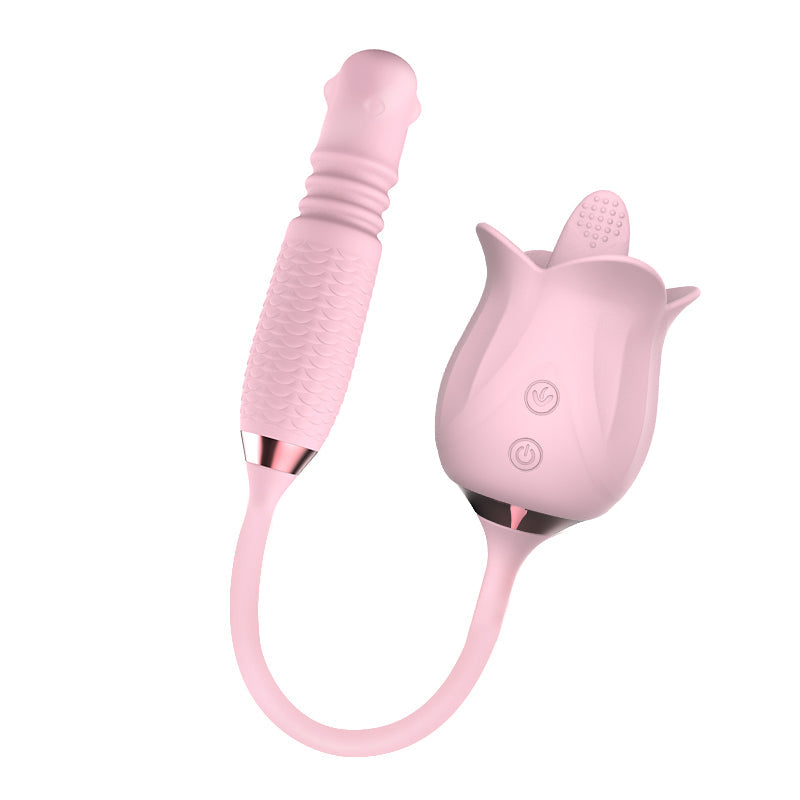 Sexeeg 3-in-1 Blooming Sexy Pink Rose Toy Rotating Pearls Telescopic Tongue-licking Vibrator