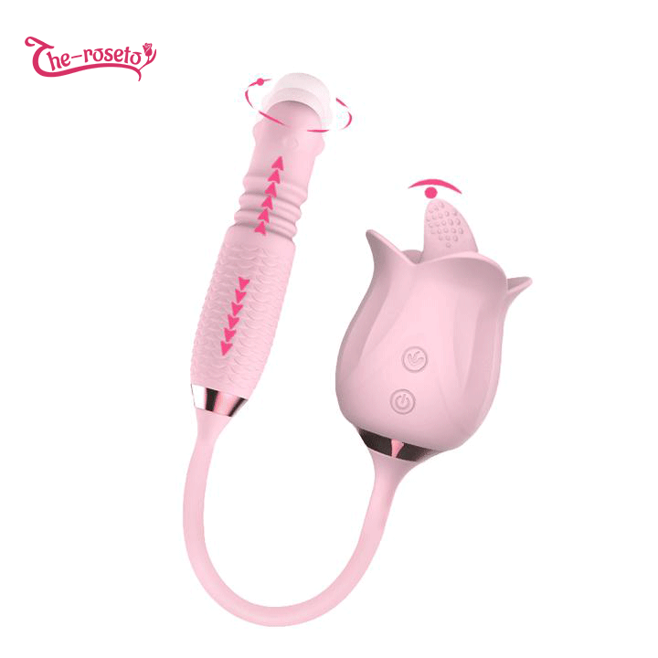 Sexeeg 3-in-1 Blooming Sexy Pink Rose Toy Rotating Pearls Telescopic Tongue-licking Vibrator
