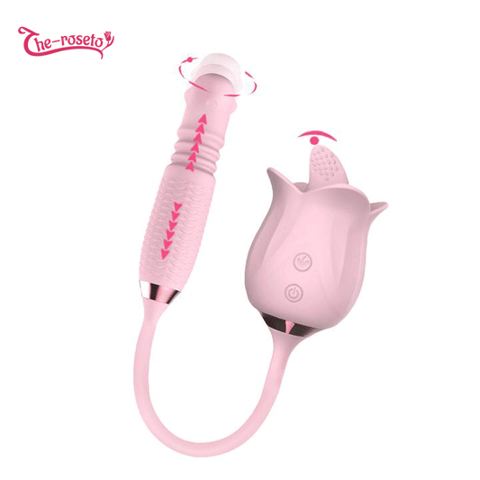 Sexeeg 3-in-1 Blooming Sexy Pink Rose Toy Rotating Pearls Telescopic Tongue-licking Vibrator