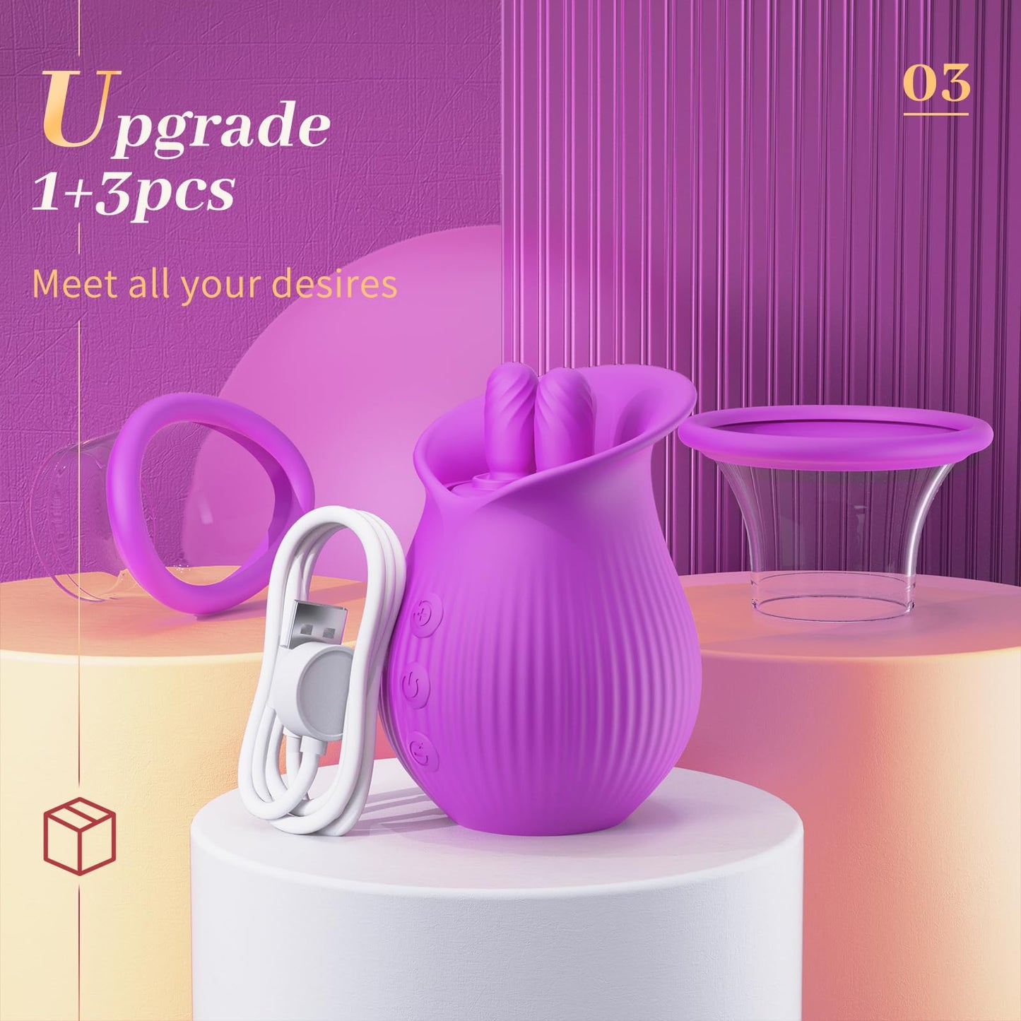 Sexeeg Rose Romeo - 3in1 Rose Sex Toy with 2 Suction Cups, Adult Toys Female Clitoral Nipple Vibrators with 10 Licking Sucking Vibrating