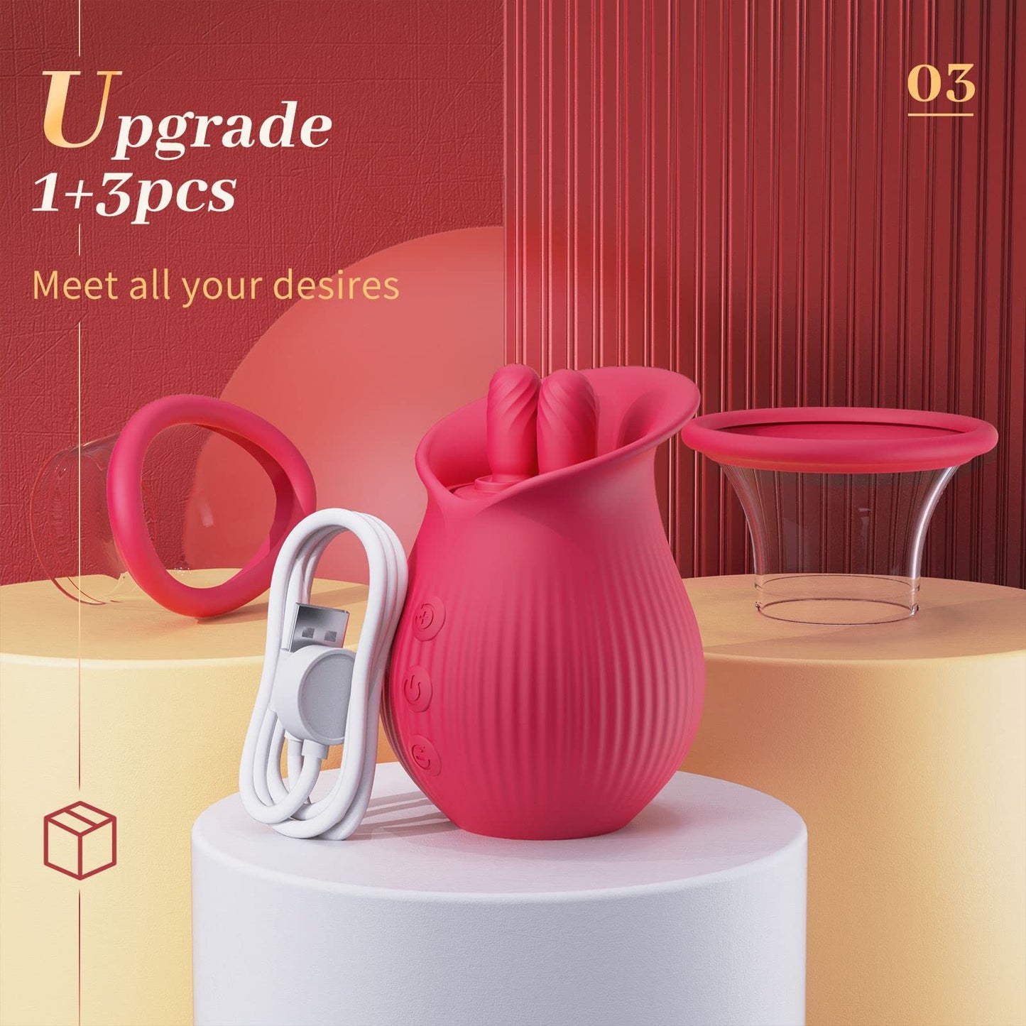 Sexeeg Rose Romeo - 3in1 Rose Sex Toy with 2 Suction Cups, Adult Toys Female Clitoral Nipple Vibrators with 10 Licking Sucking Vibrating
