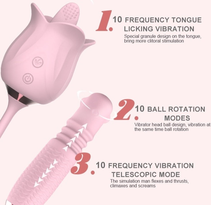 Sexeeg 3-in-1 Blooming Sexy Pink Rose Toy Rotating Pearls Telescopic Tongue-licking Vibrator 