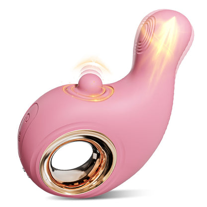 A pink personal massager with a curved ergonomic design, featuring a metallic rose gold inner ring, a central button with glowing light effects, and a flexible head, shown on a white background.