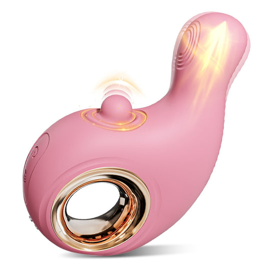 A pink personal massager with a curved ergonomic design, featuring a metallic rose gold inner ring, a central button with glowing light effects, and a flexible head, shown on a white background.