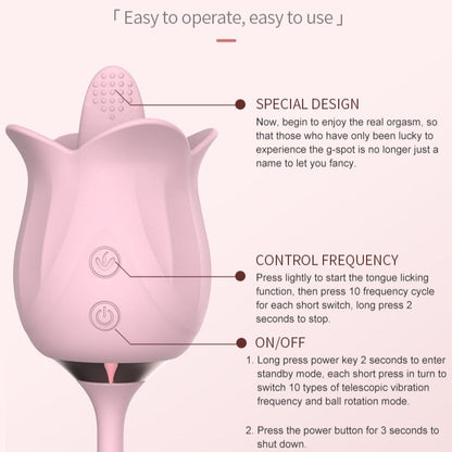 Sexeeg 3-in-1 Blooming Sexy Pink Rose Toy Rotating Pearls Telescopic Tongue-licking Vibrator 