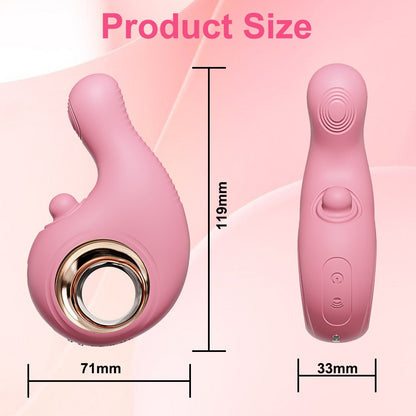 Pink personal massager shown with dimension labels indicating 119mm height, 71mm width, and 33mm depth on a soft pink background, with the text 'Product Size' at the top.