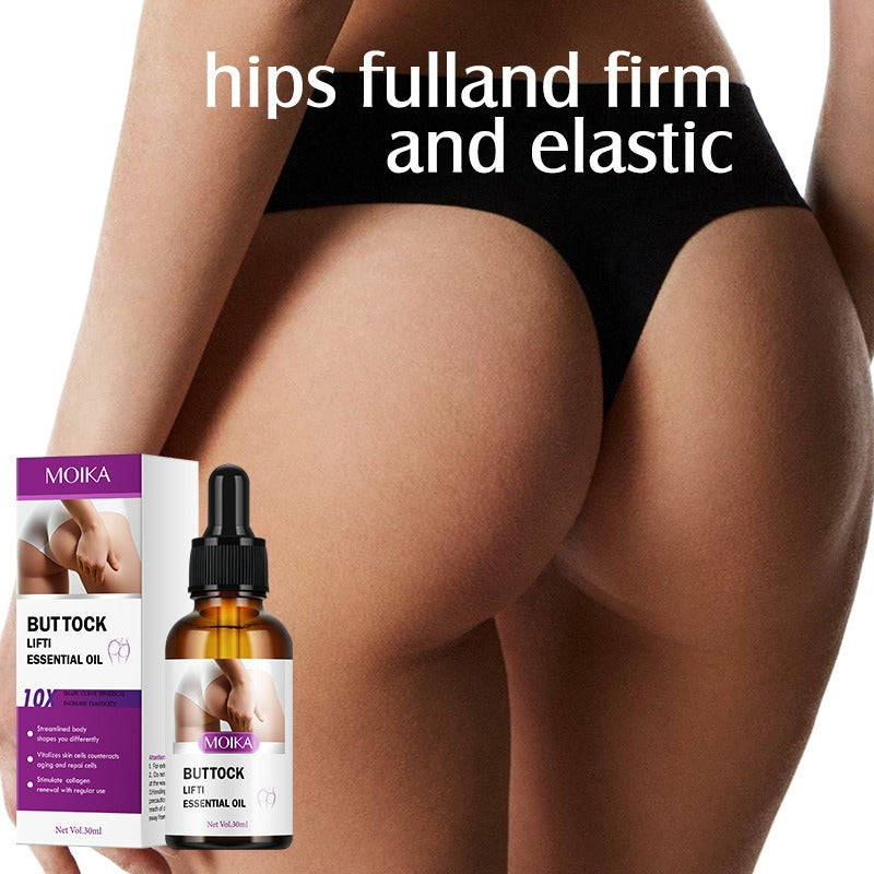 A woman in black underwear is shown from the back with large white text reading 'hips fulland firm and elastic' over a white background, alongside a bottle and box of MOIKA Buttock Lift Essential Oil.