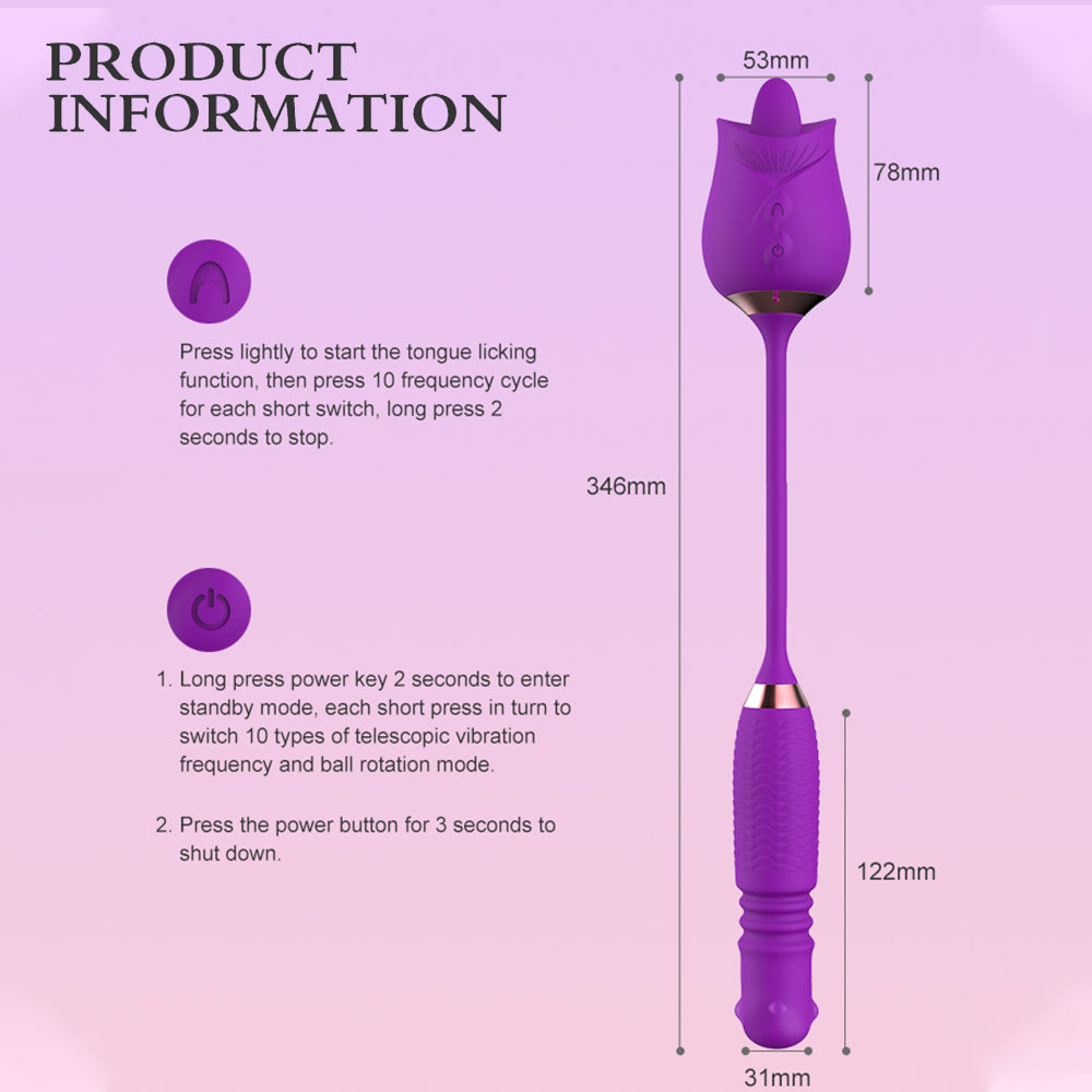 Sexeeg Purple Rose Toy Rotating Pearls Telescopic Tongue-licking Vibrator 
