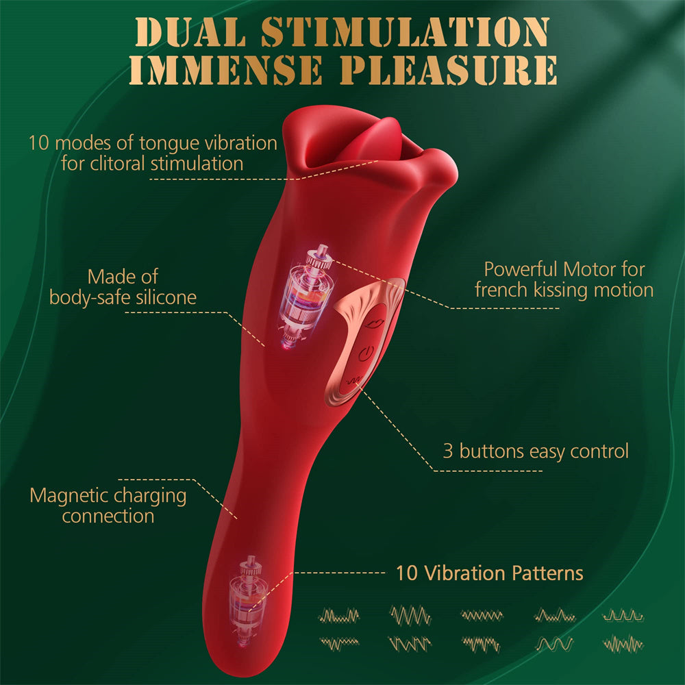 Sexeeg Rose Muncher Vibrator With Stick 10 Vibration Modes And 10 French Kissing Modes