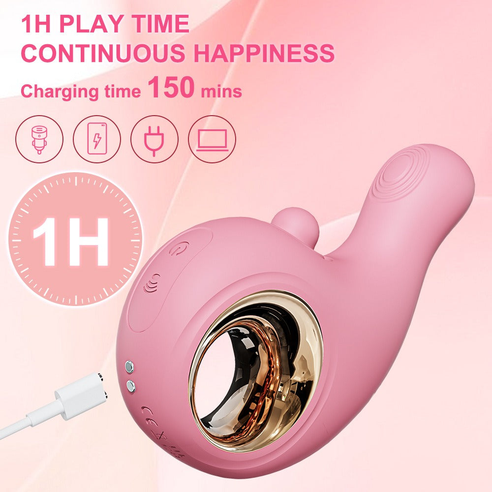 Pink handheld personal massager with a metallic gold interior visible through the front opening, shown on a soft pink background with promotional text and charging icons.