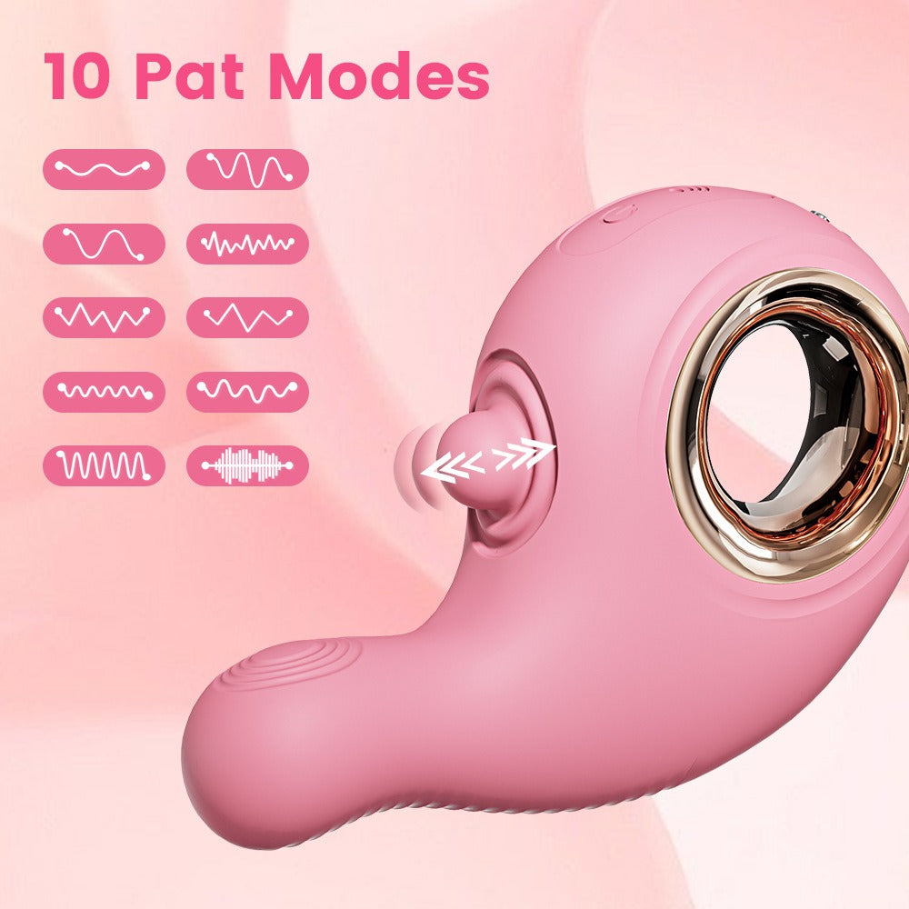 Pink personal massager with a large circular opening and textured base, shown on a soft pink background with text reading '10 Pat Modes' and small waveform icons on the left.