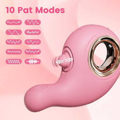 Pink personal massager with a large circular opening and textured base, shown on a soft pink background with text reading '10 Pat Modes' and small waveform icons on the left.