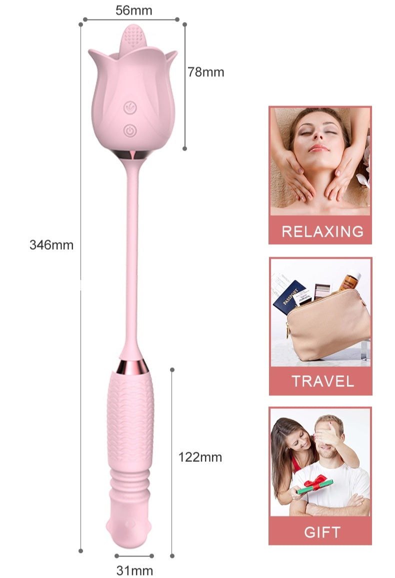 Sexeeg 3-in-1 Blooming Sexy Pink Rose Toy Rotating Pearls Telescopic Tongue-licking Vibrator 