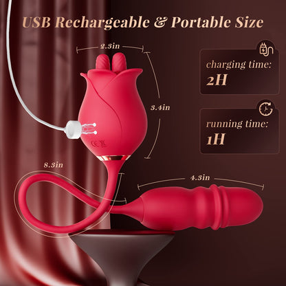 Sexeeg Rose Romeo 3in1 Dual Tongue Rose Adult Toys Vibrators with 10 Licking & 10 Thrust, Clitoral Nipple Anal G Spot Vibrator 