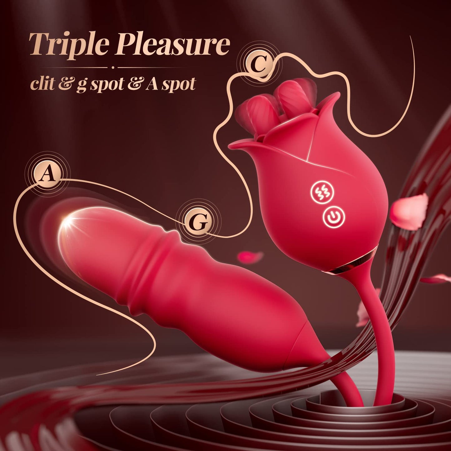 Sexeeg Rose Romeo 3in1 Dual Tongue Rose Adult Toys Vibrators with 10 Licking & 10 Thrust, Clitoral Nipple Anal G Spot Vibrator 