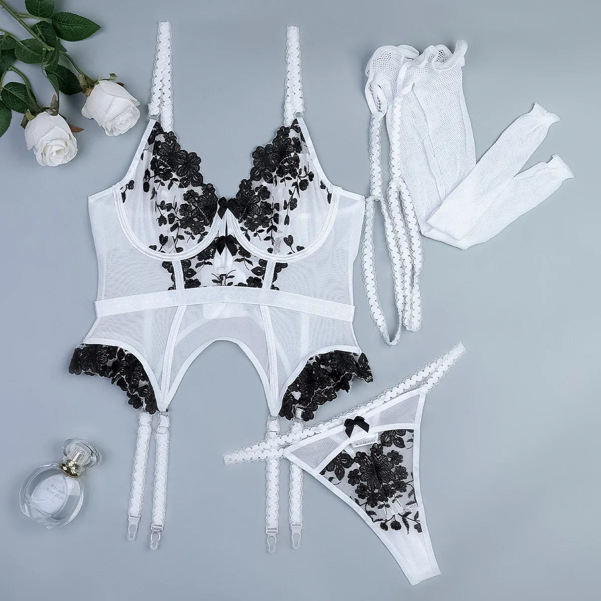 Erotic Sexy Lingerie With Stocking Romantic Floral Underwear Bra Bilizna Set Lace Attractive Onlyfans