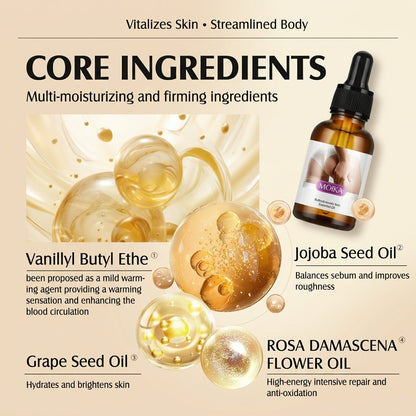 A beige promotional graphic for a skincare dropper bottle labeled VIVERA. The design features text highlighting core ingredients including Vanilly Butyl Ethe, Jojoba Seed Oil, Grape Seed Oil, and Rosa Damascena Flower Oil, alongside illustrative golden oil droplets and a small inset photo of a woman's face on the bottle label.