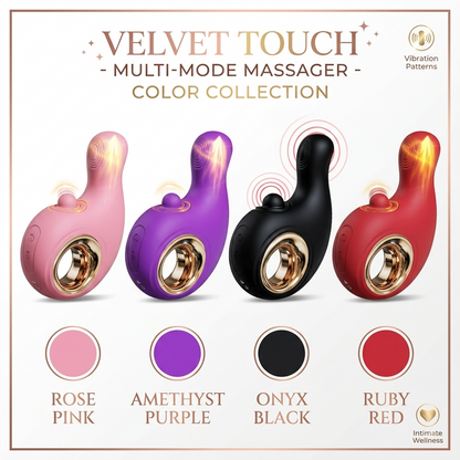 Four velvet multi-mode massagers in rose pink, amethyst purple, onyx black, and ruby red, shown side by side with circular color swatches and text reading 'VELVET TOUCH - MULTI-MODE MASSAGER - COLOR COLLECTION'.