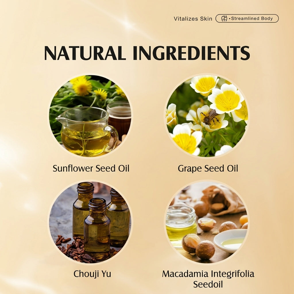 A beige promotional graphic with the heading 'NATURAL INGREDIENTS' and four circular ingredient photos arranged in a grid. The labels identify the ingredients as Sunflower Seed Oil, Grape Seed Oil, Chouji Yu, and Macadamia Integrifolia Seedoil.