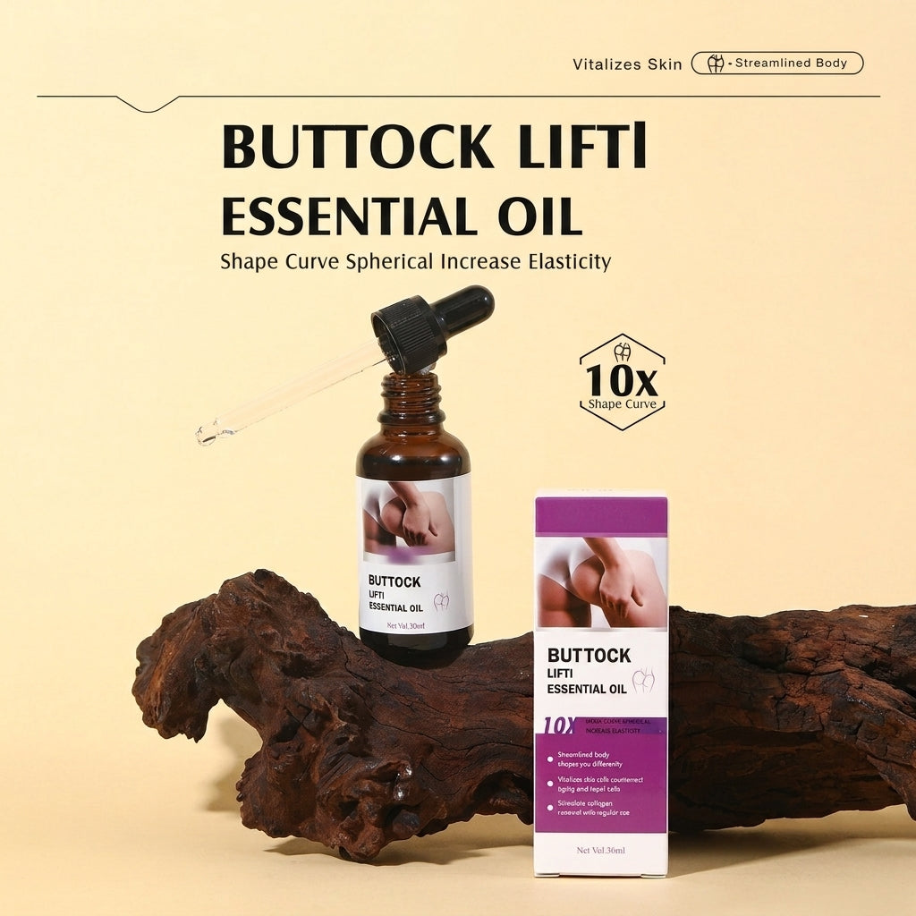 Buttock Lift Essential Oil bottle with dropper and its retail box displayed on a beige background with decorative driftwood. Text reads 'BUTTOCK LIFT ESSENTIAL OIL' and 'Shape Curve Spherical Increase Elasticity' with a '10X' claim badge.