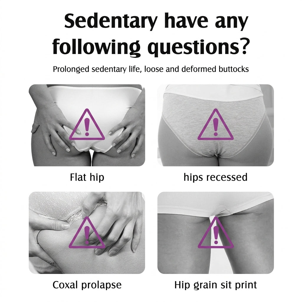 An informational graphic with the headline 'Sedentary have any following questions?' and four grayscale photos of a person's hips and underwear, each marked with a purple warning triangle and labeled 'Flat hip,' 'hips recessed,' 'Coxal prolapse,' and 'Hip grain sit print.'.