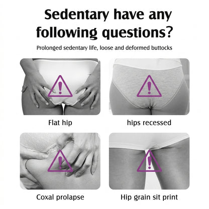 An informational graphic with the headline 'Sedentary have any following questions?' and four grayscale photos of a person's hips and underwear, each marked with a purple warning triangle and labeled 'Flat hip,' 'hips recessed,' 'Coxal prolapse,' and 'Hip grain sit print.'.