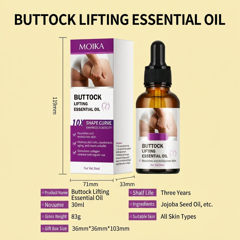 Buttock Lifting Essential Oil by MOIKA shown with its retail box and amber dropper bottle on a pale beige background, with product dimensions and feature callouts printed around it.
