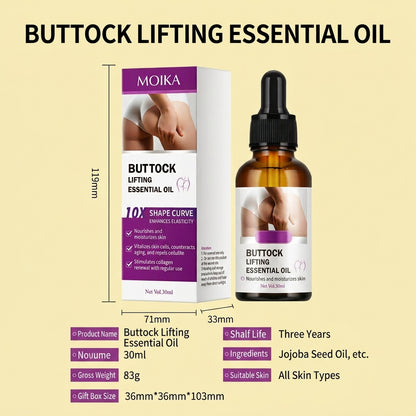 Buttock Lifting Essential Oil by MOIKA shown with its retail box and amber dropper bottle on a pale beige background, with product dimensions and feature callouts printed around it.