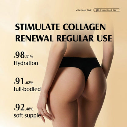 A woman shown from the back wearing black underwear against a warm beige background, with promotional text about stimulating collagen renewal and hydration, full-body hydration, and soft supple skin.