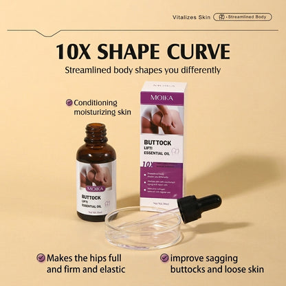 MOIKA Buttock Lift Essential Oil in an amber dropper bottle with its purple and white packaging box, displayed alongside a clear glass dropper bowl on a beige background with promotional text.