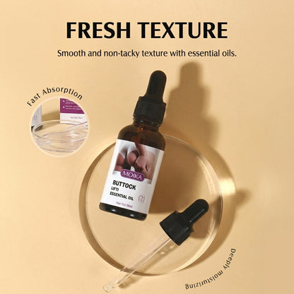 A bottle of MOKA Buttock Lip Essential Oil with a separate dropper pipette, presented on a gold-toned circular tray against a beige background with promotional text.
