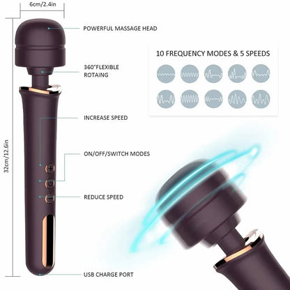 10 Frequency 5-speed Massage Stick Waterproof and Silent USB Charging Magic Wand Vibrators