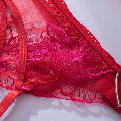 Red Lingerie Sexy Bra And Panty Set 3-Pieces Luxury Lace Fancy Underwear