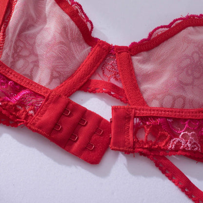 Red Lingerie Sexy Bra And Panty Set 3-Pieces Luxury Lace Fancy Underwear