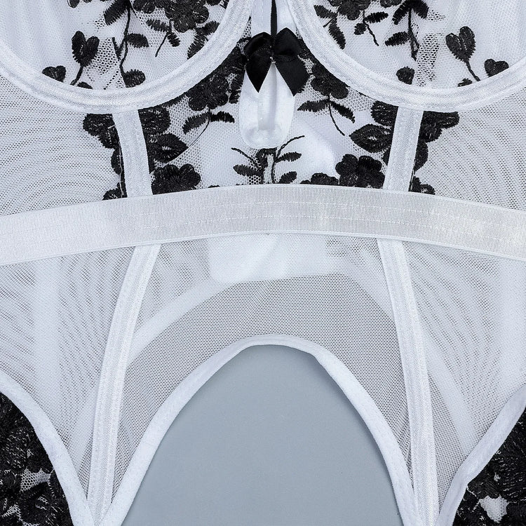 Sexeeg Romantic Floral Lace Lingerie Set with Stockings
