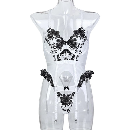 Erotic Sexy Lingerie With Stocking Romantic Floral Underwear Bra Bilizna Set Lace Attractive Onlyfans
