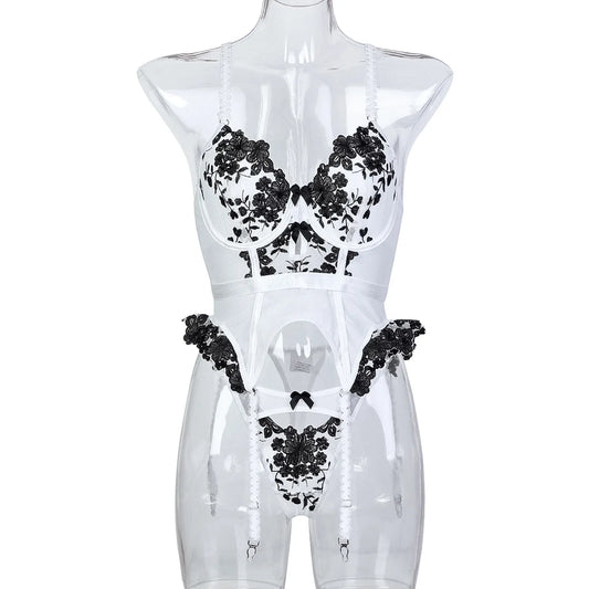 Erotic Sexy Lingerie With Stocking Romantic Floral Underwear Bra Bilizna Set Lace Attractive Onlyfans