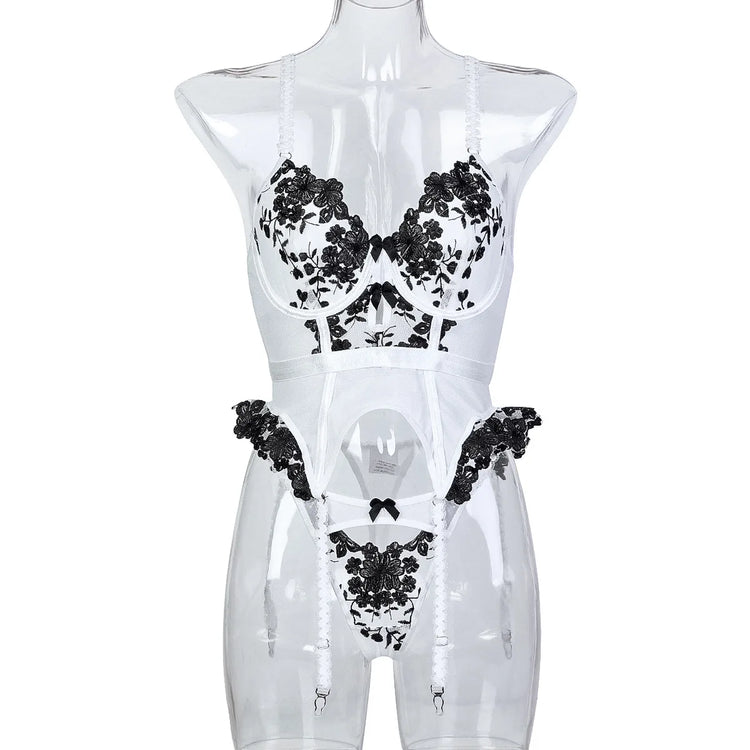 Sexeeg Romantic Floral Lace Lingerie Set with Stockings