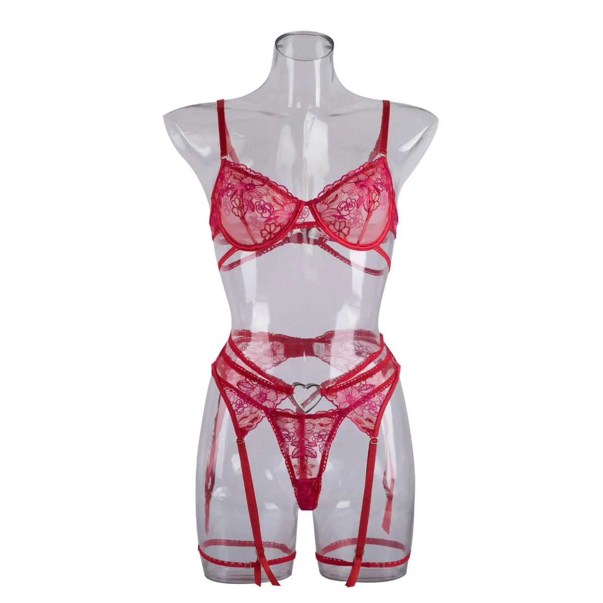 Red Lingerie Sexy Bra And Panty Set 3-Pieces Luxury Lace Fancy Underwear