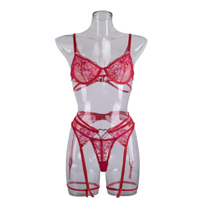 Red Lingerie Sexy Bra And Panty Set 3-Pieces Luxury Lace Fancy Underwear